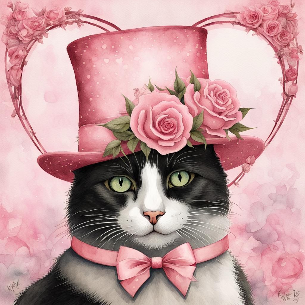 Valentine's Tuxedo Cat in Gouache Style