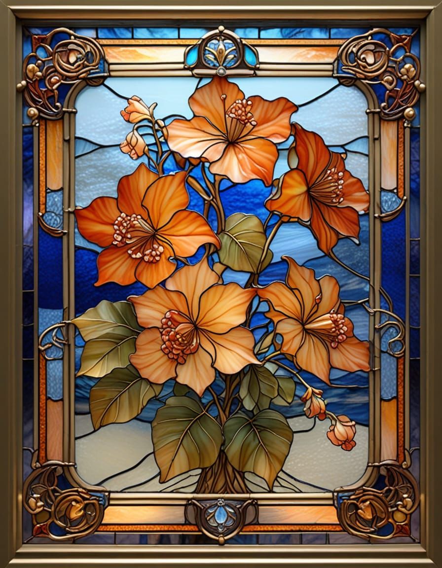 Stained Glass Art Nouveau of Begonia Flowers