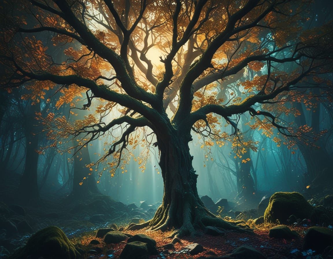 Ethereal Stained Glass Tree in a Hidden Glade