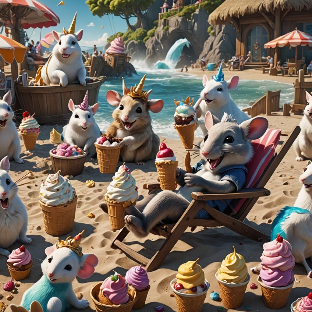 Surreal Beach Scene with Happy Mouse and Unicorns