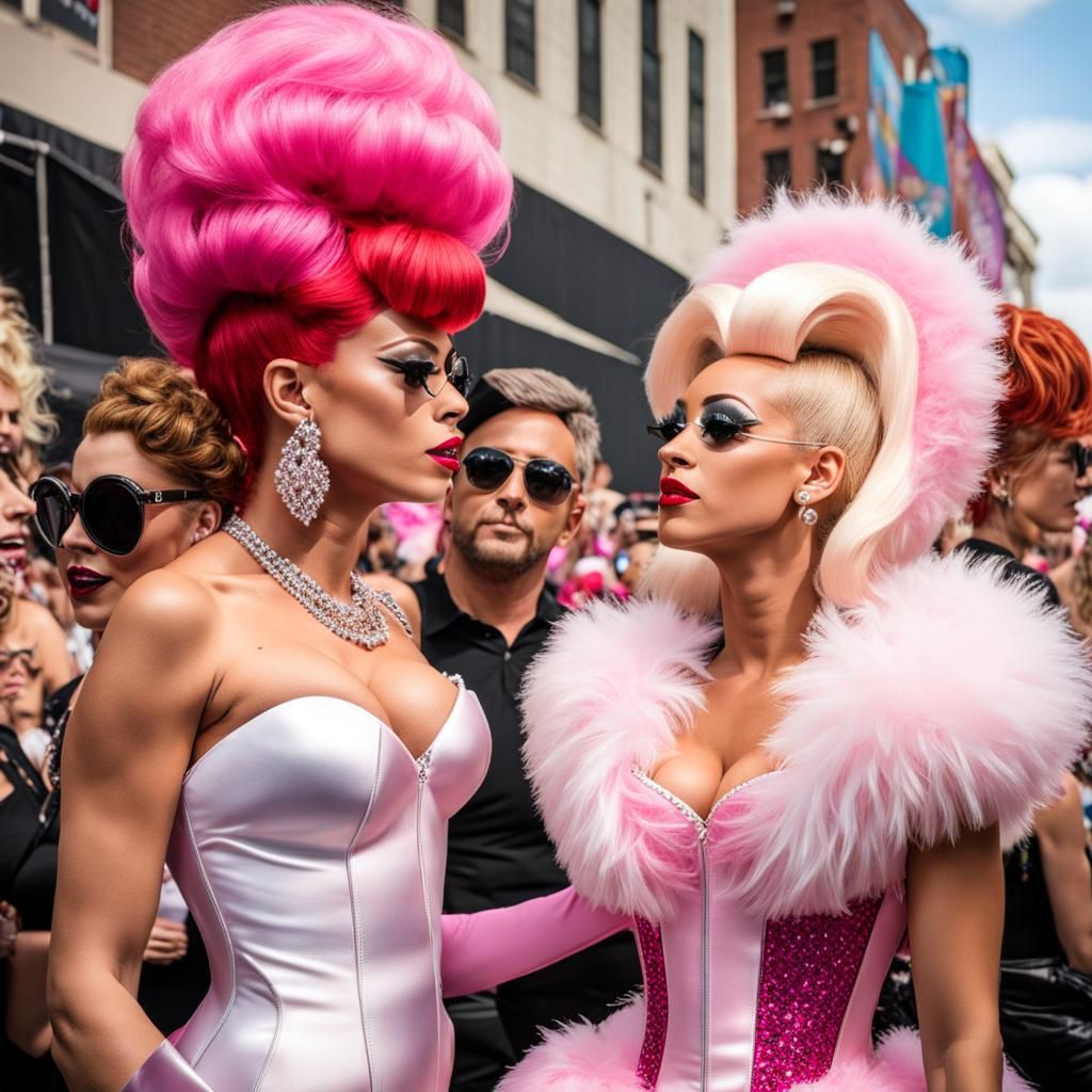 Drag Queens Kissing at Pride Parade in Hyperrealism
