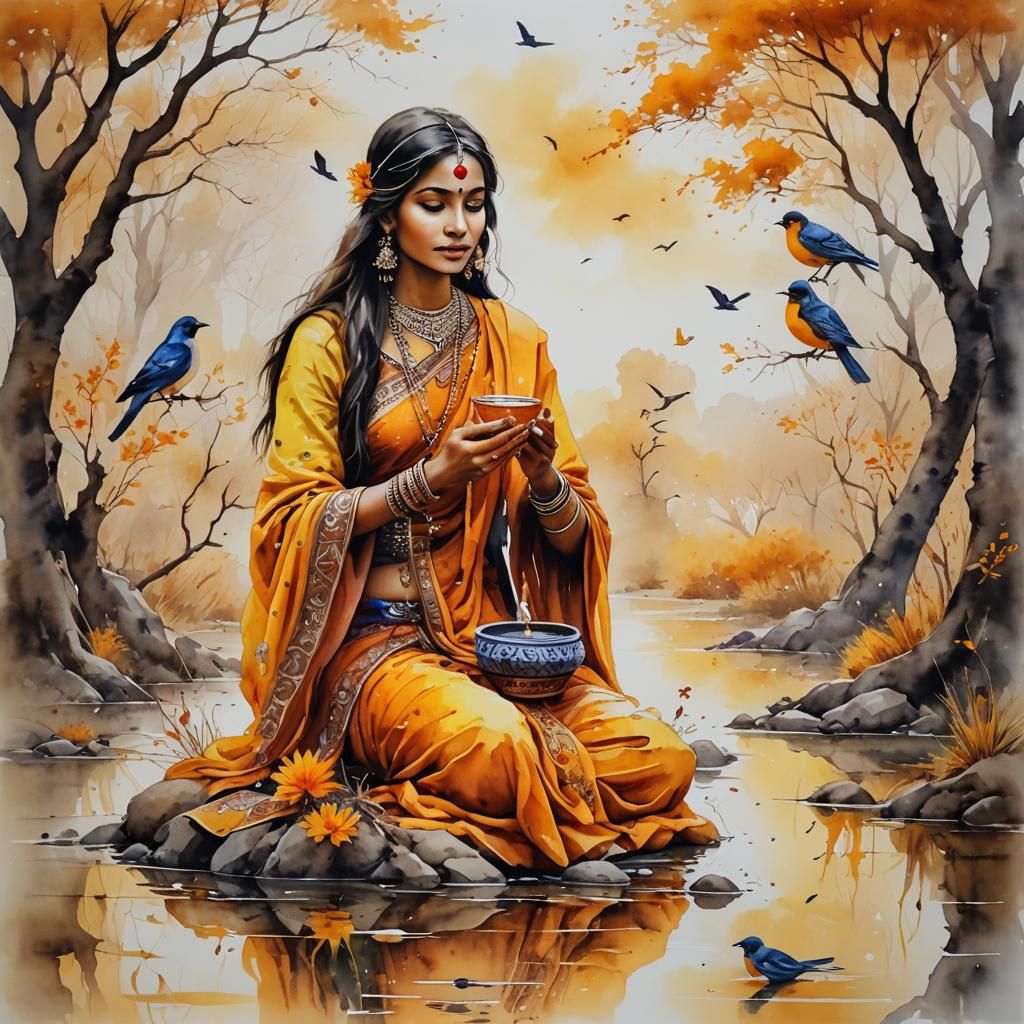 Indian woman in traditional attire worshipping nature
