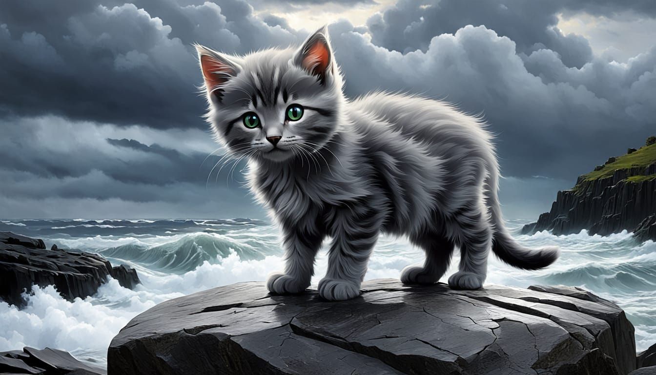 Fluffy Gray Kitten on Rock Under Stormy Sky