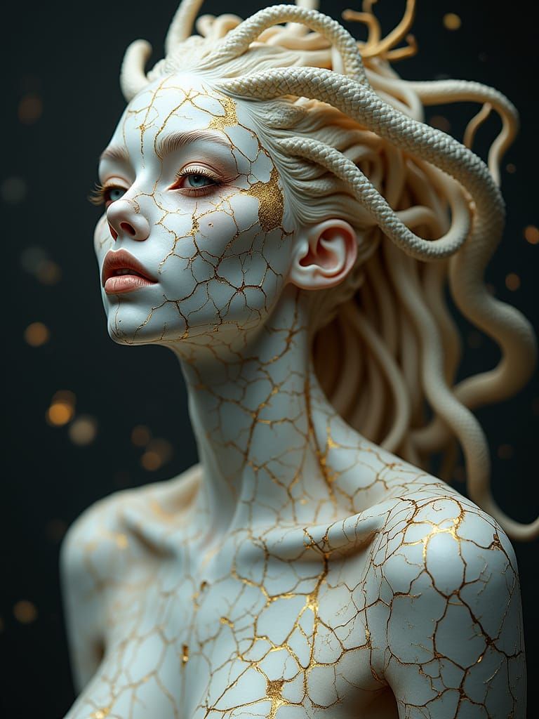 Cracked Porcelain Medusa with Golden Details