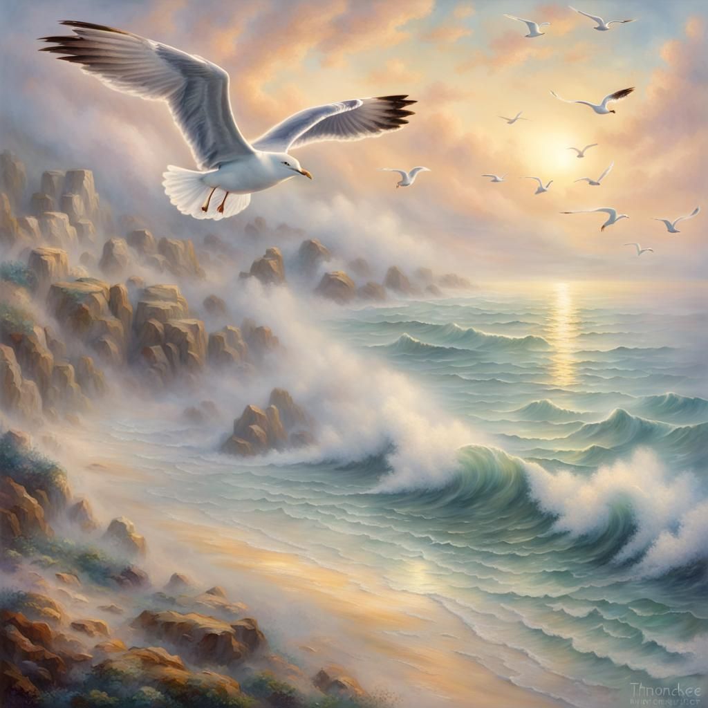 Seagull Soaring in Ethereal Fantasy Beach Scene