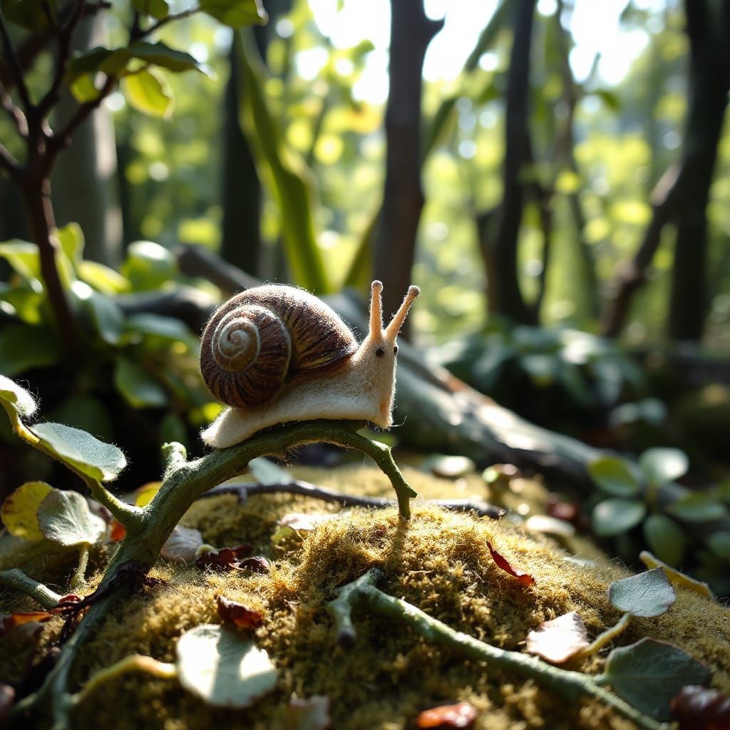 Felted Snail Crawling in Detailed Felted Forest