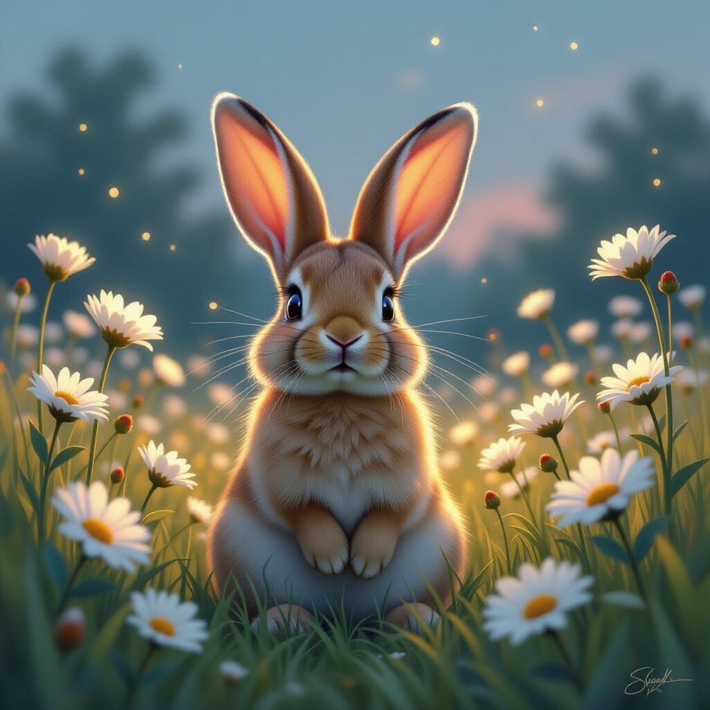 Whimsical Rabbit in Twilight Wildflower Field