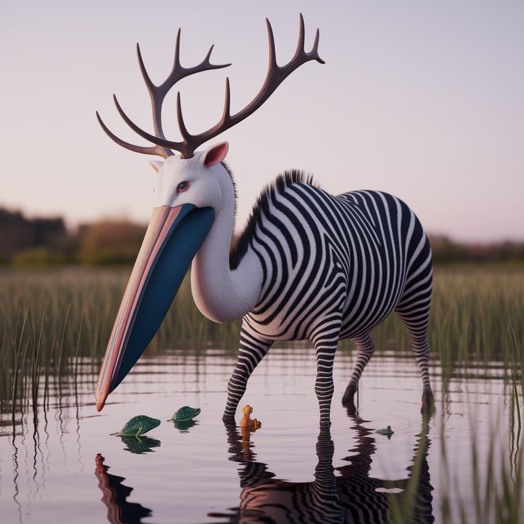 The Zepelker, a cross of a zebra, pelican and elk, foraging for a meal in the Hybriidean marshes.