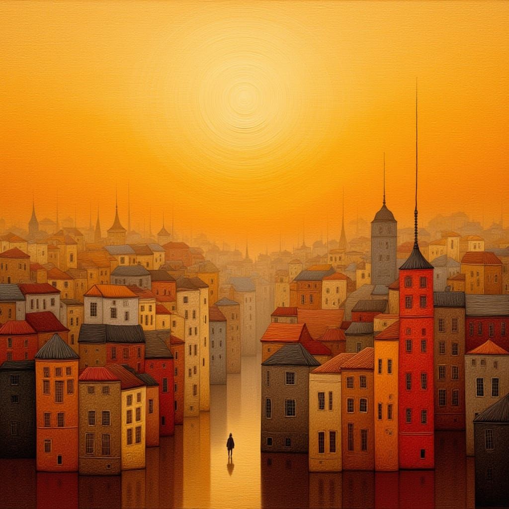 Sunset Cityscape in Dreamlike Impasto Style