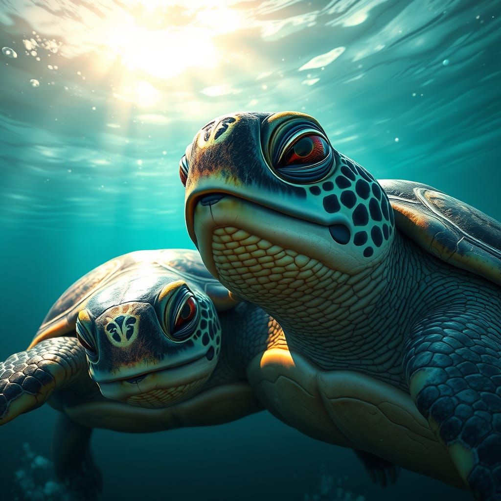 Regal Seaturtles in Majestic Portrait, Artistic Realism