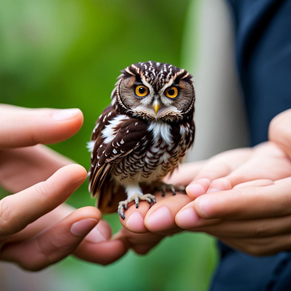 Tiny Elf Owl Portrait on Human Fingers