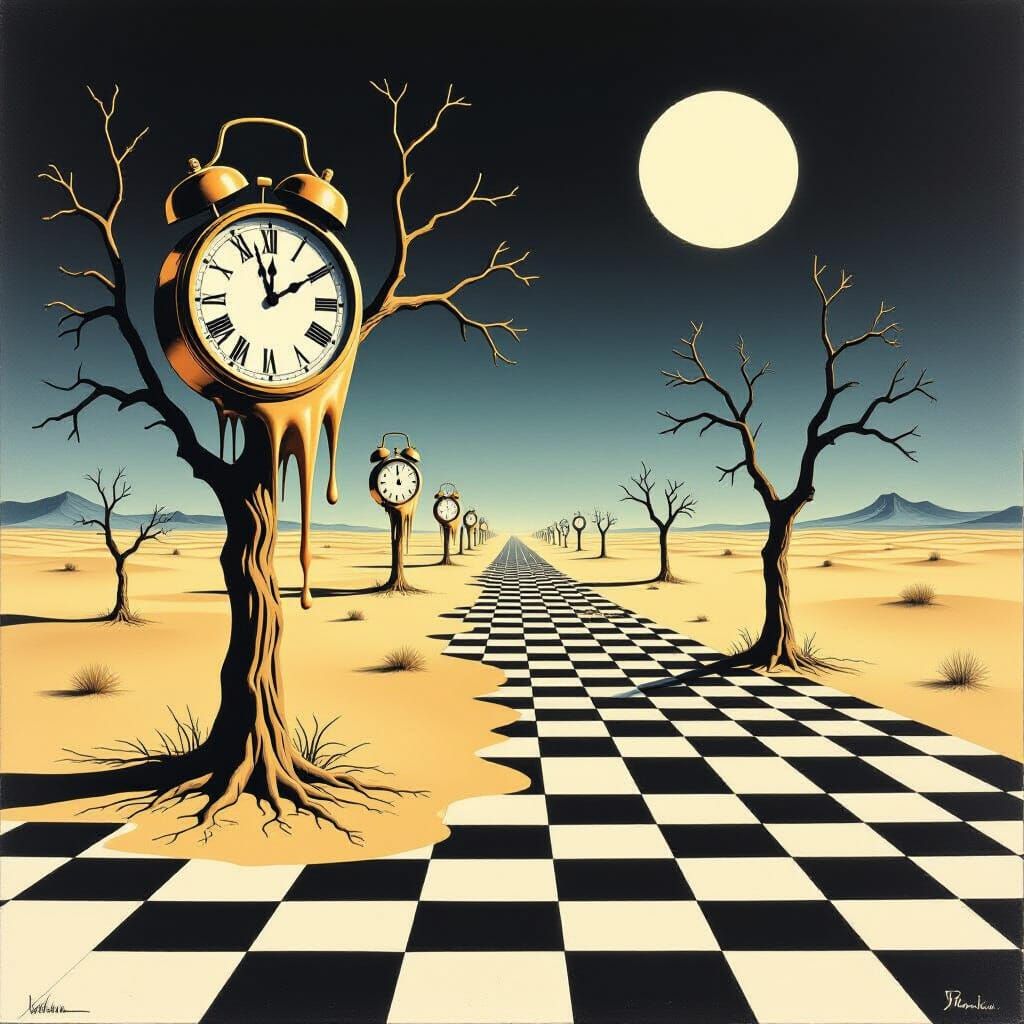 Surreal Dreamscape with Melting Clocks and Checkerboard Dese...