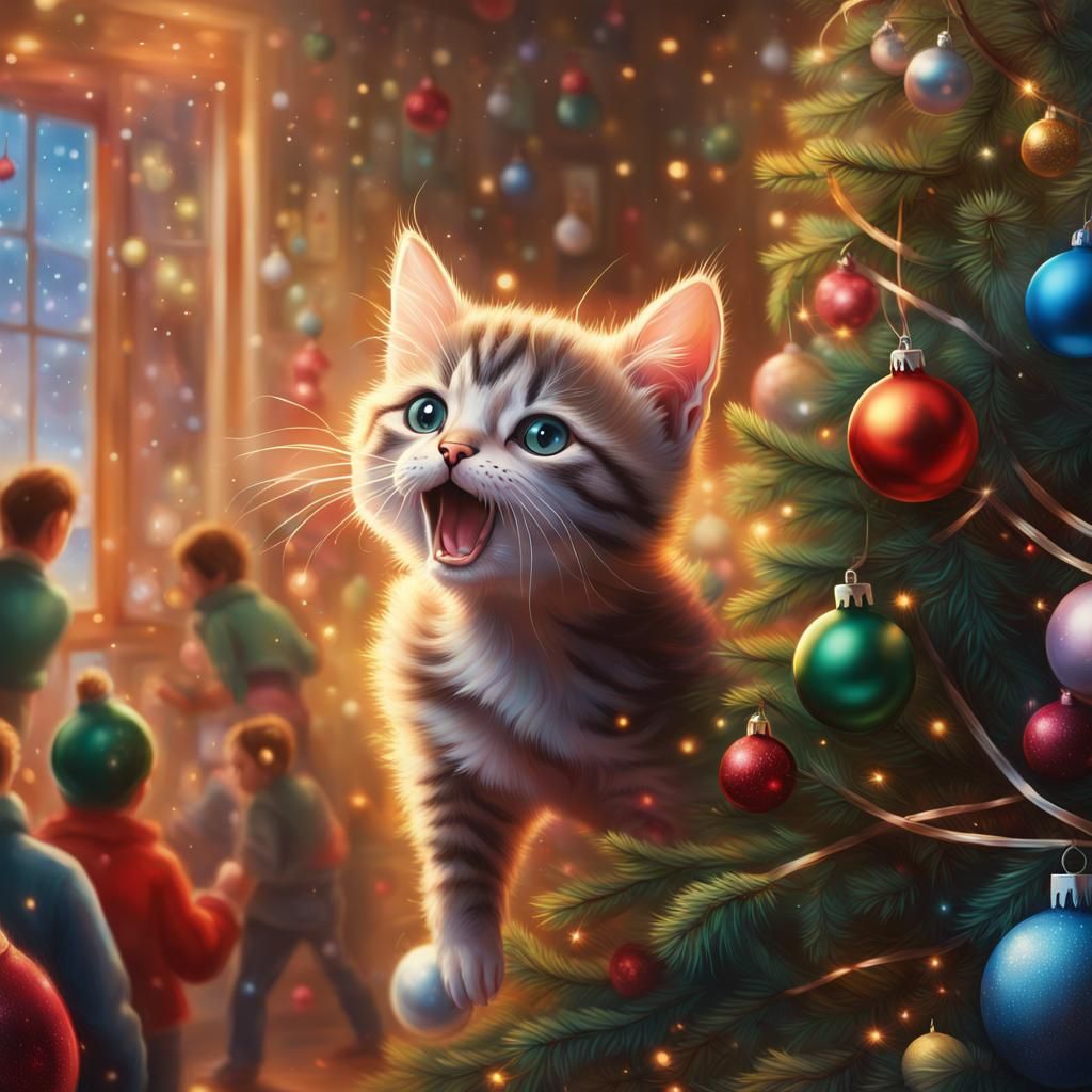 Kitten's Christmas Capers: A Hyperrealistic Splash Art Scene