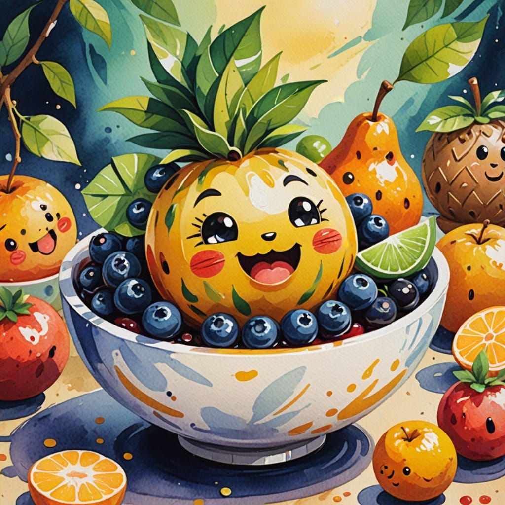 Vibrant Kawaii Fruit Character in Whimsical Gouache Masterpi...