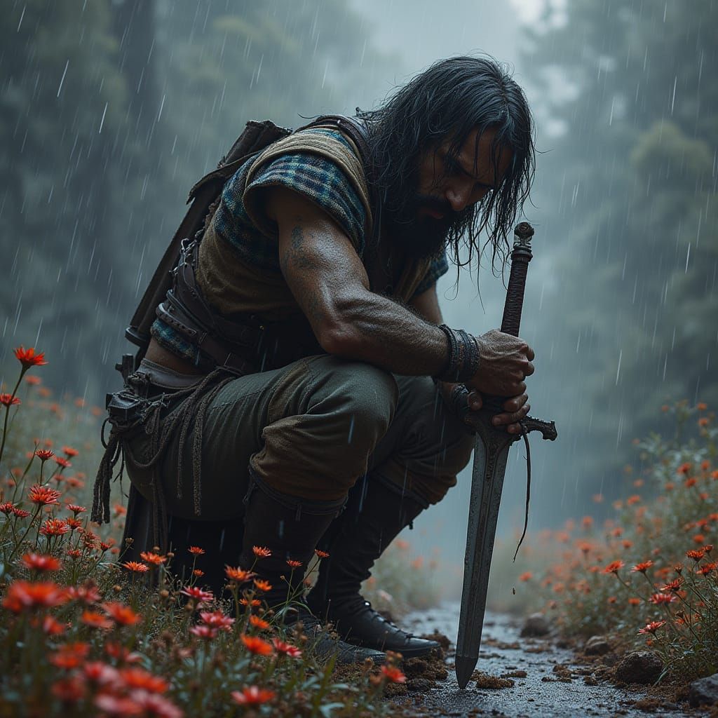 Weary Highlander with Broken Sword in Ink Flower Rain