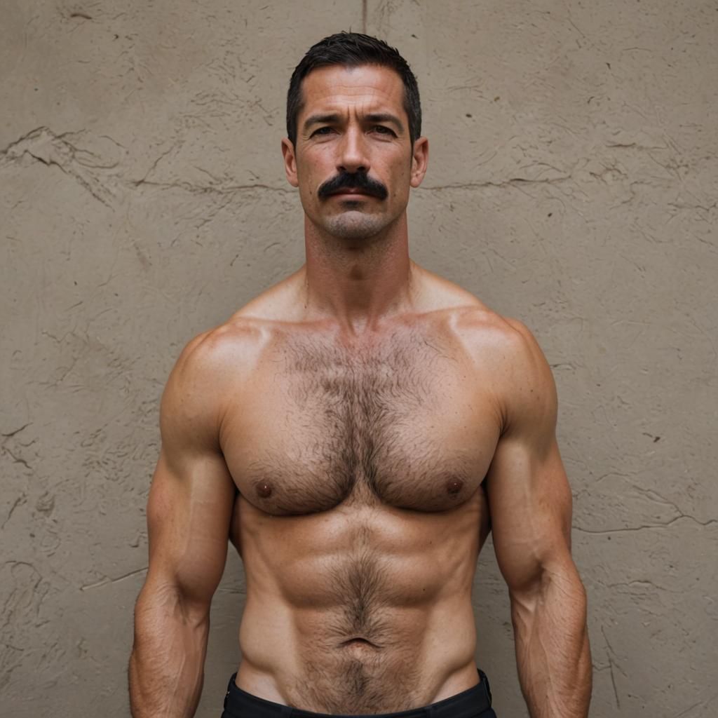 Handsome Shirtless Man with Brown Hair and Mustache
