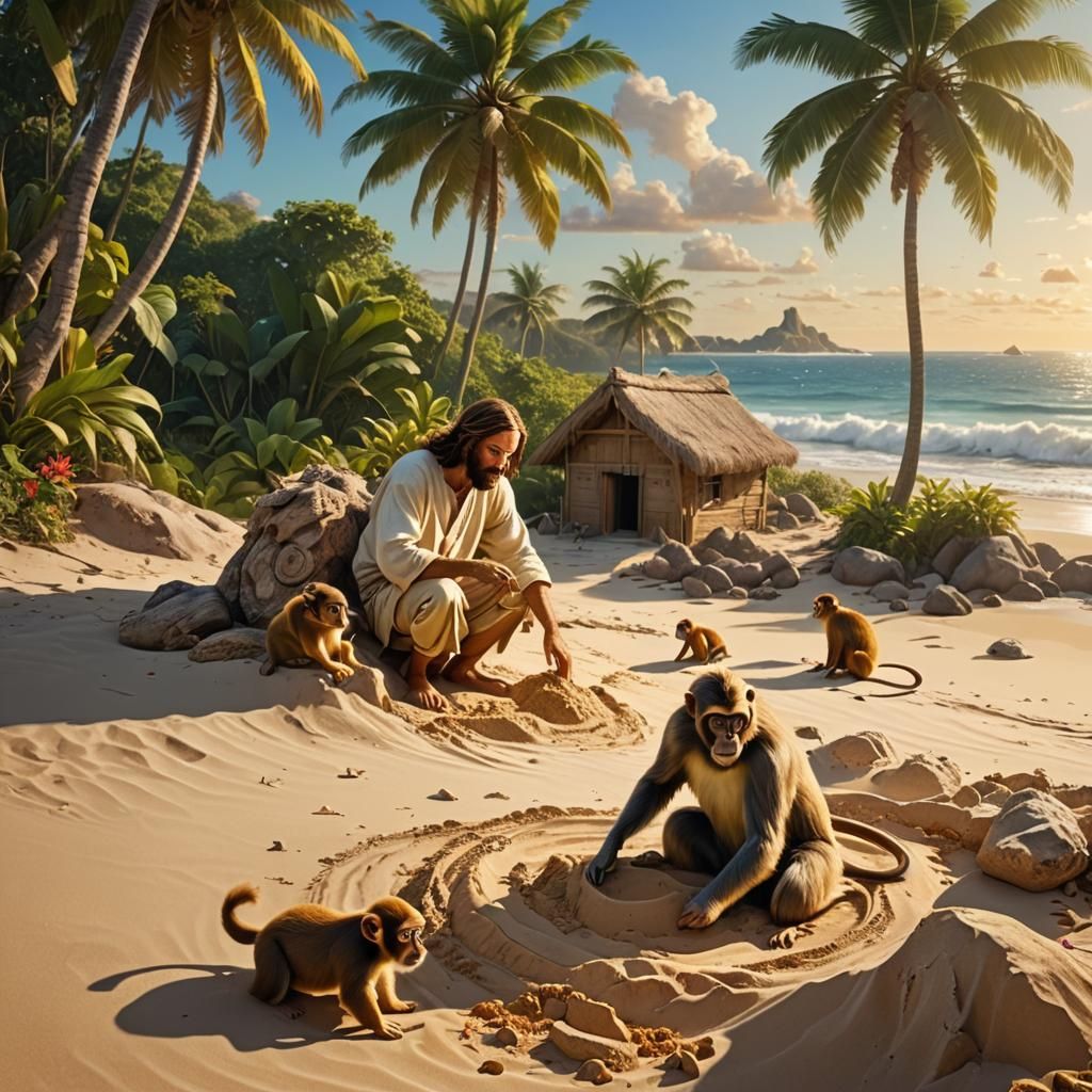 Jesus Builds Sandcastle on Beach in Vivid Digital Art