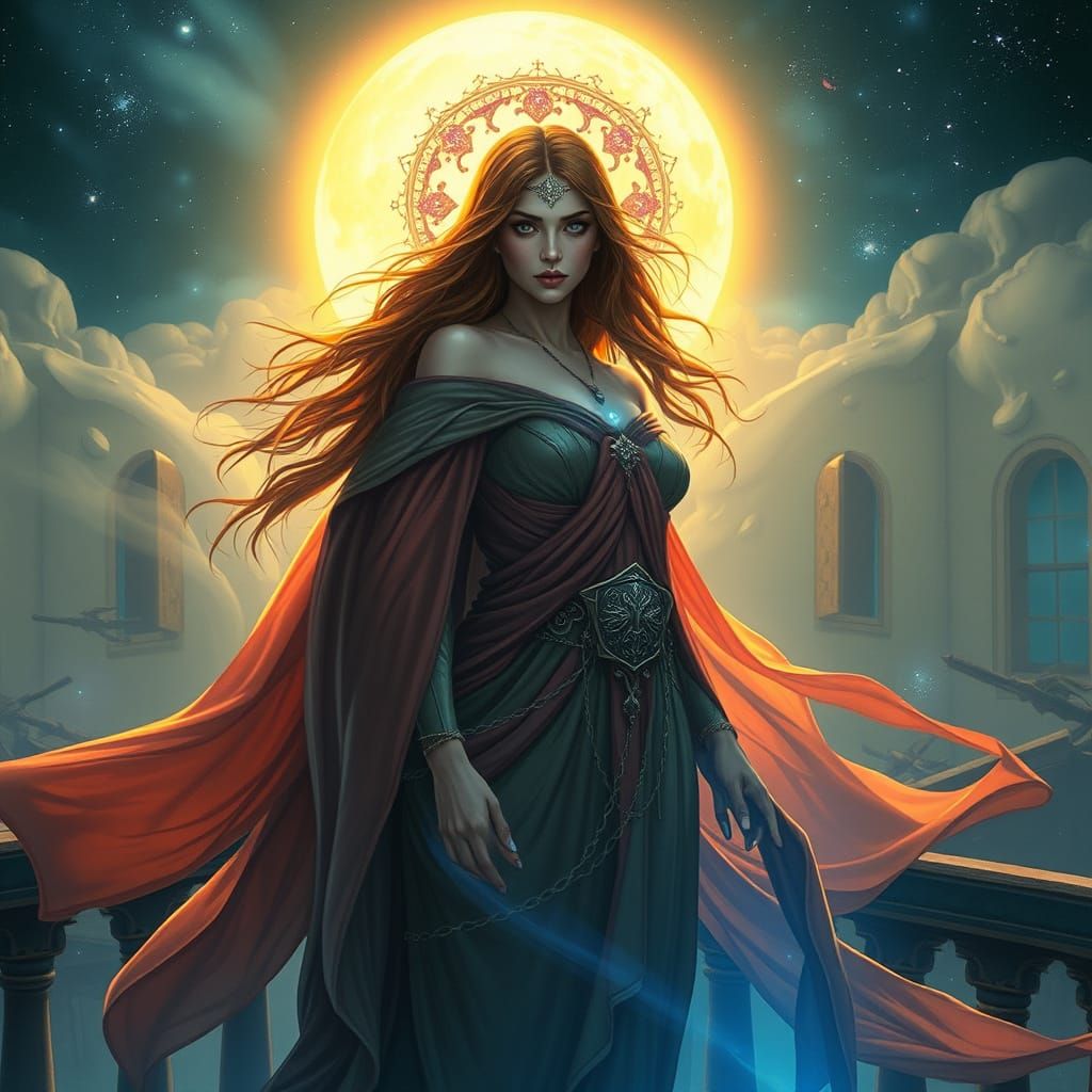 Goddess with Galaxy Halo on Ruined Balcony