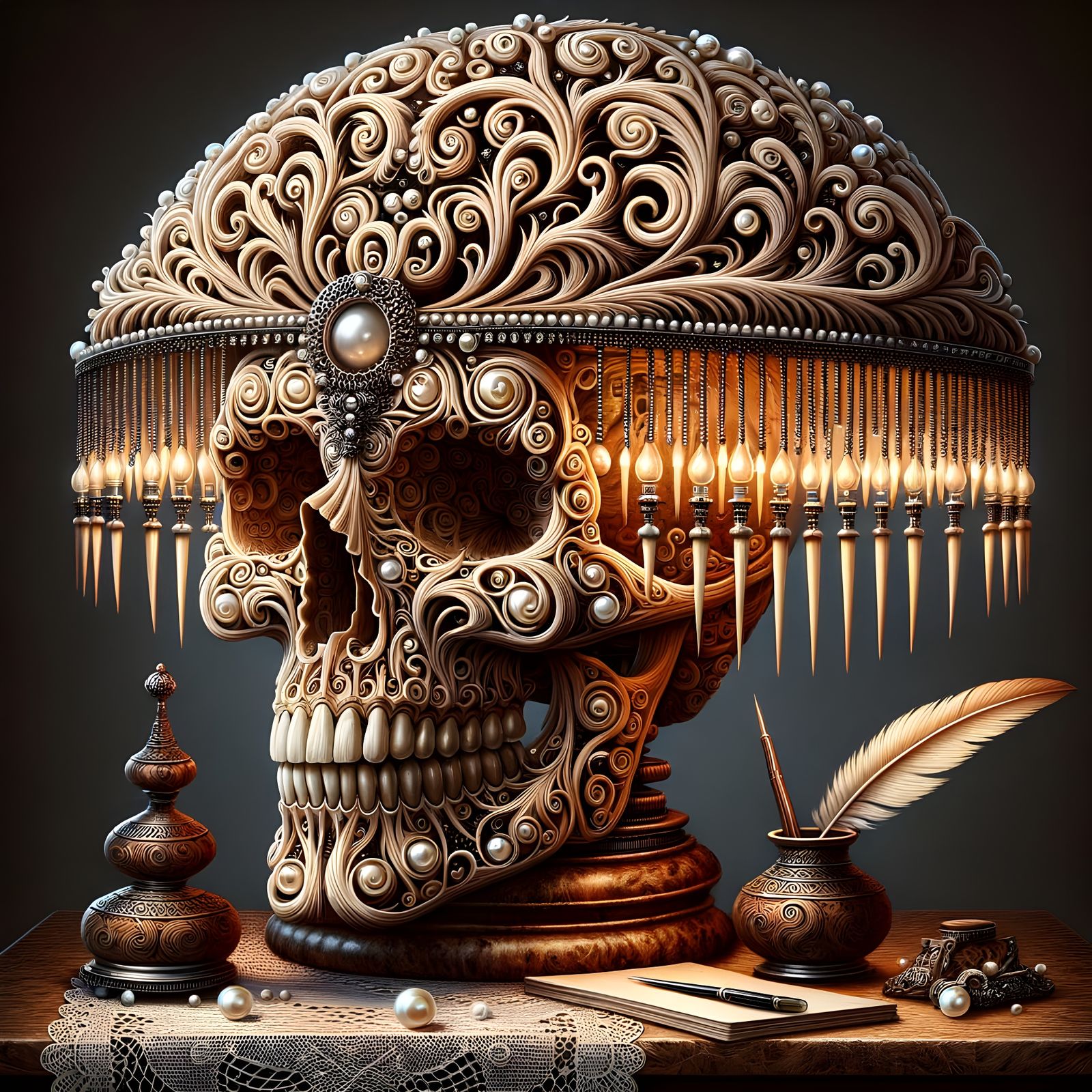Ornate Skull Lamp with Folk Art Details