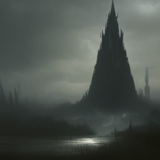 Dark Mage Tower in Gloomy Swamp, Dark Fantasy Art