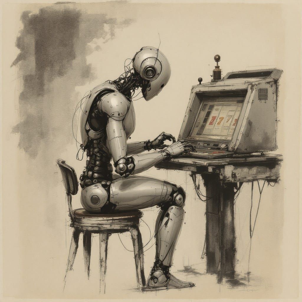 Charcoal Study of a Robot in Digital Nostalgia