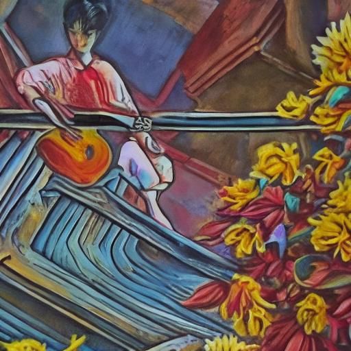 Surrealist Guitarist Balcony Scene with Seagull and Sunflowe...