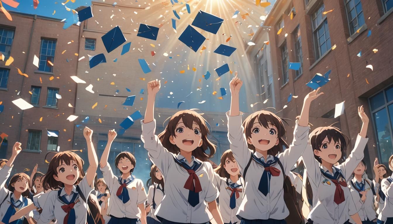 Anime Students Celebrate Graduation on Sunny Day