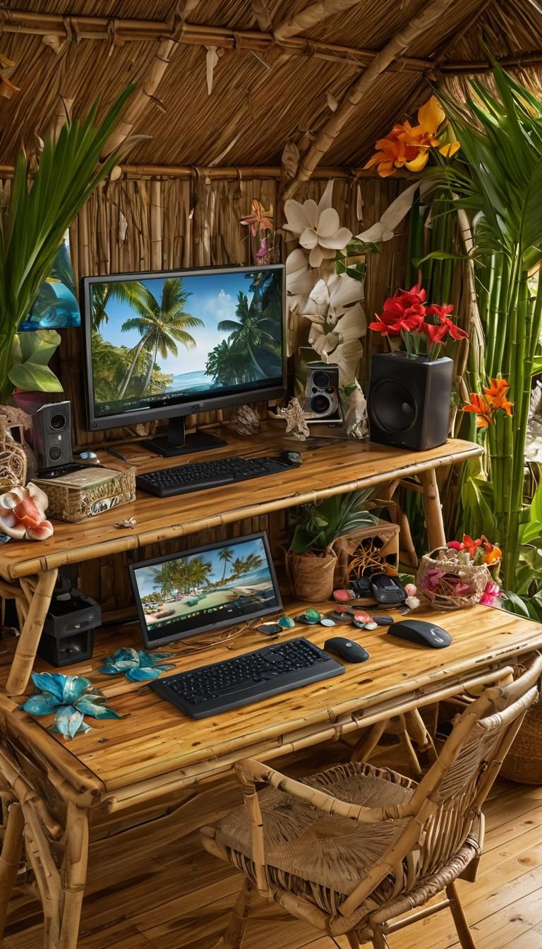 Tropical Beach Gamer Setup in Bamboo Hut