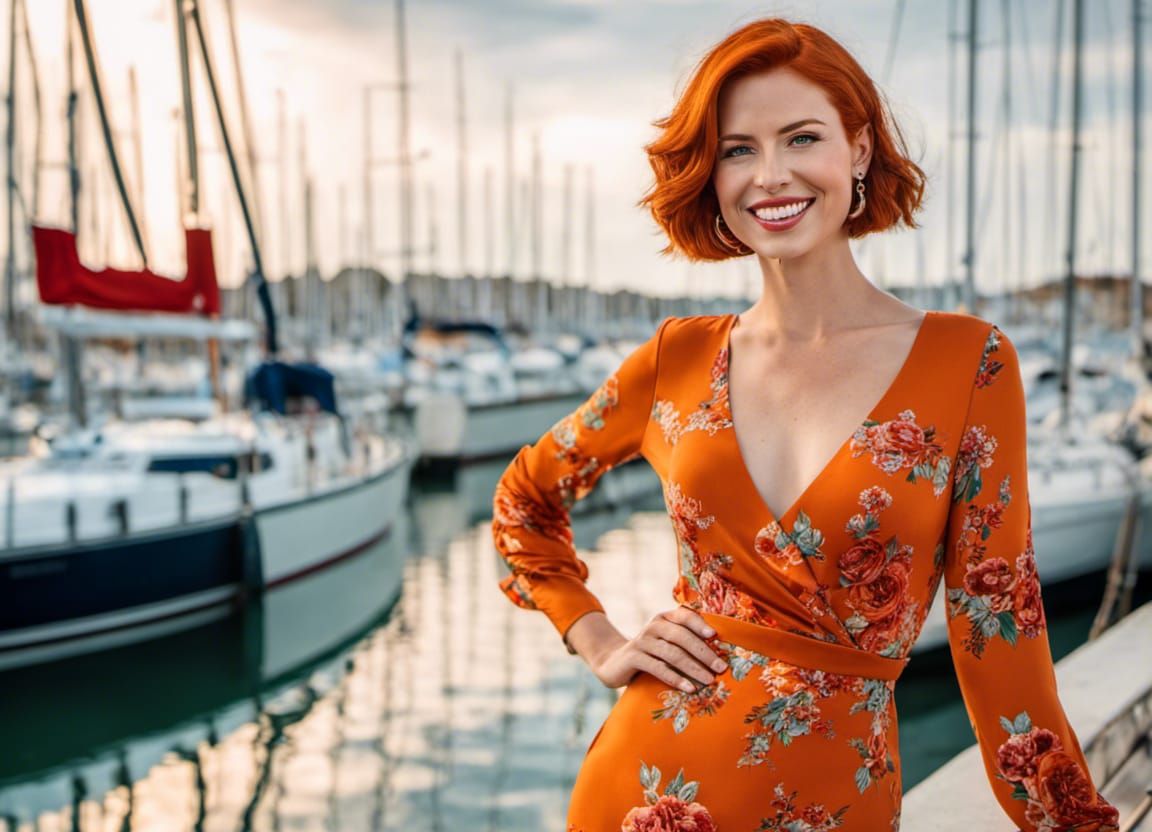 Redhead Woman in Orange Dress on La Rochelle Port