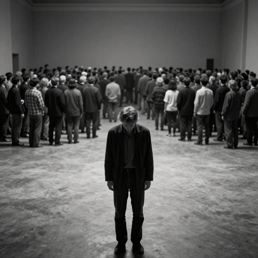 Man's Isolation in Crowd Depicts Depression