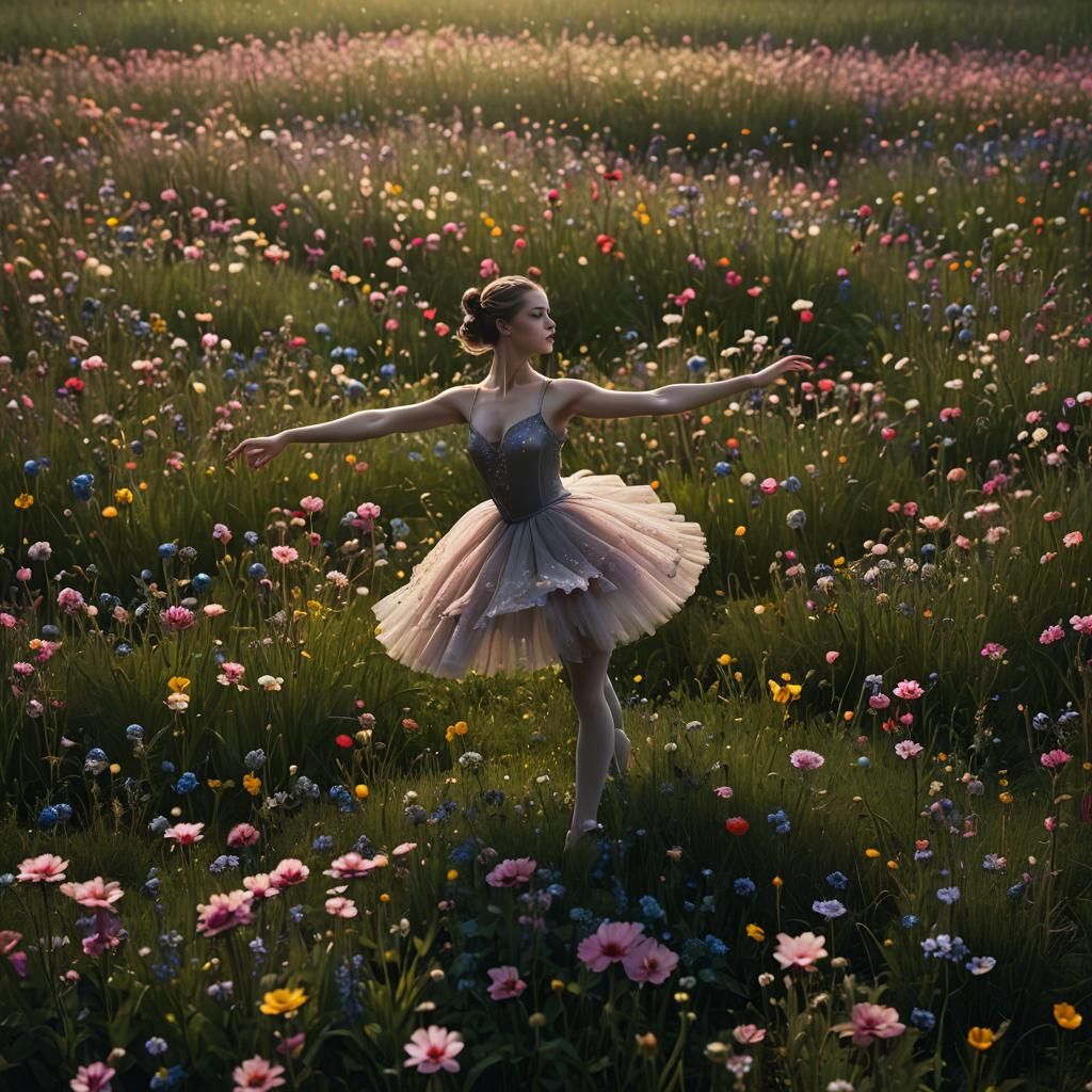 Ballerina Dances on Spring Flower Field