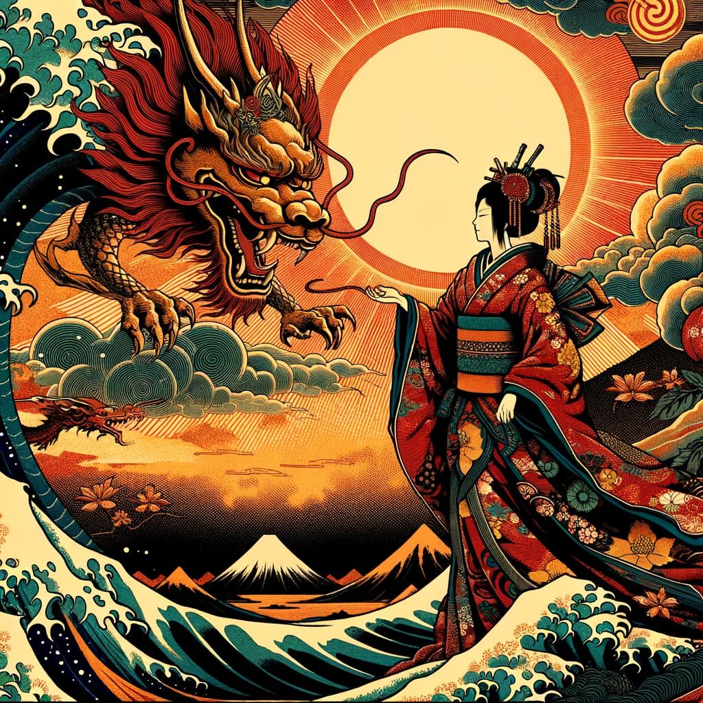 Amaterasu and Sun Wallpaper in Ukiyo-e Style