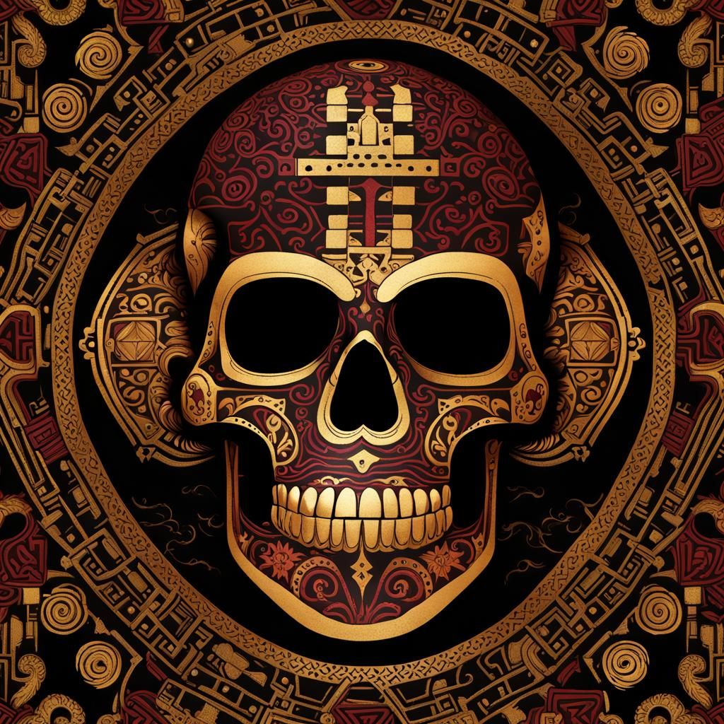 Vinous and Gold Incan Skull with Ethnic Pattern