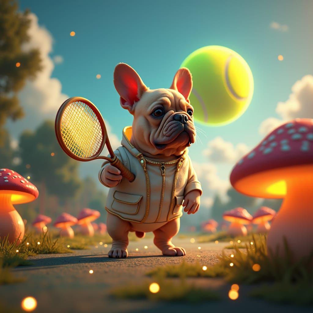 French Bulldog Tennis Player in Glowing Landscape
