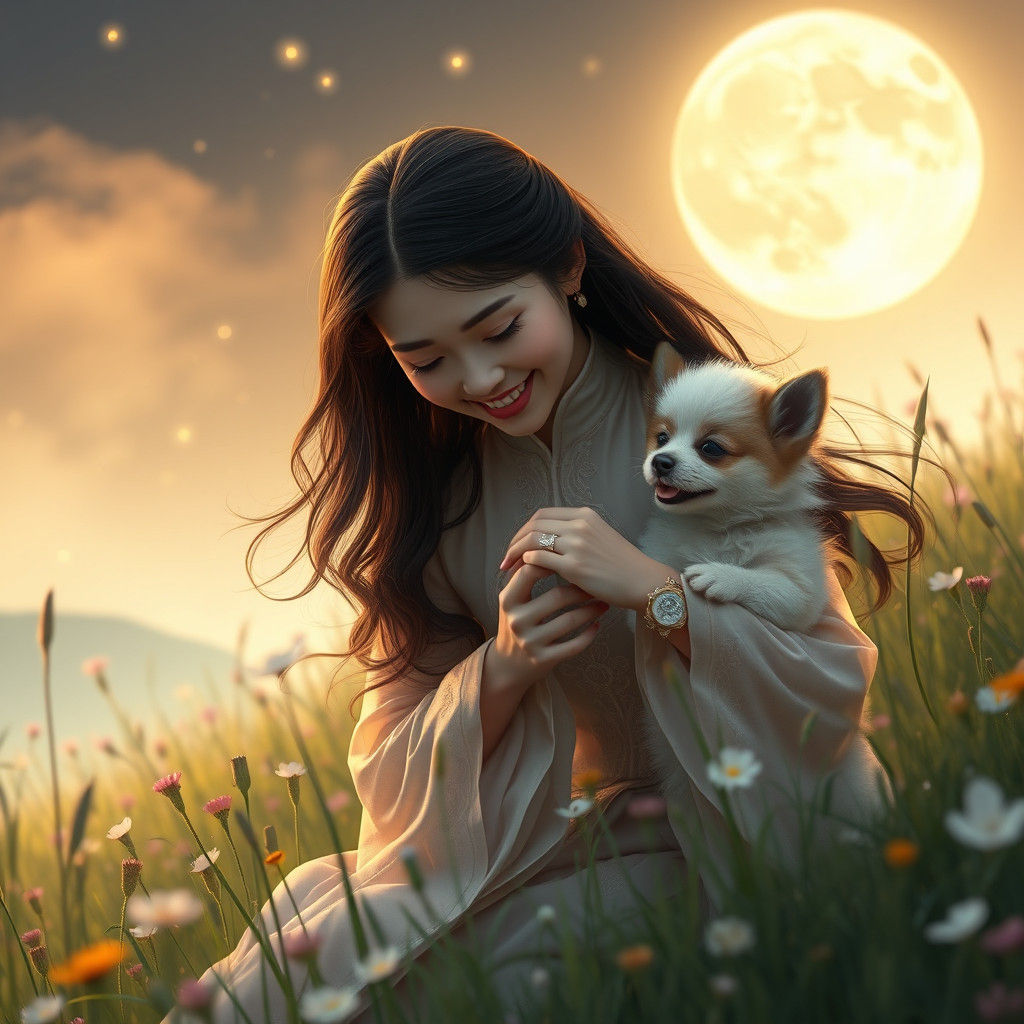 Moonlight Princess with Dog in Vibrant Field