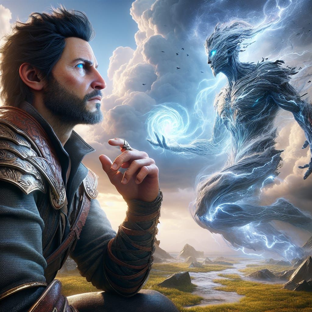 Warrior Conversing with Storm Entity in Hyper-Realistic Styl...