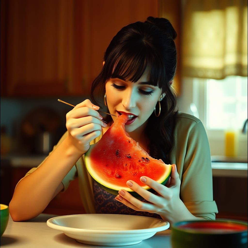 Woman Eating Watermelon in Kitchen: Cinematic Film Still
