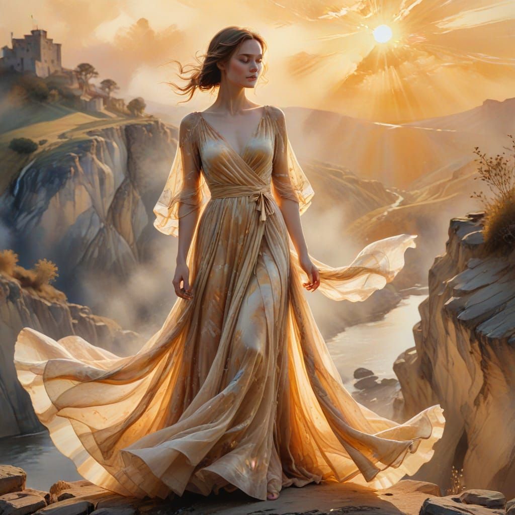 Woman on Precipice in Ethereal Golden Hour Watercolour