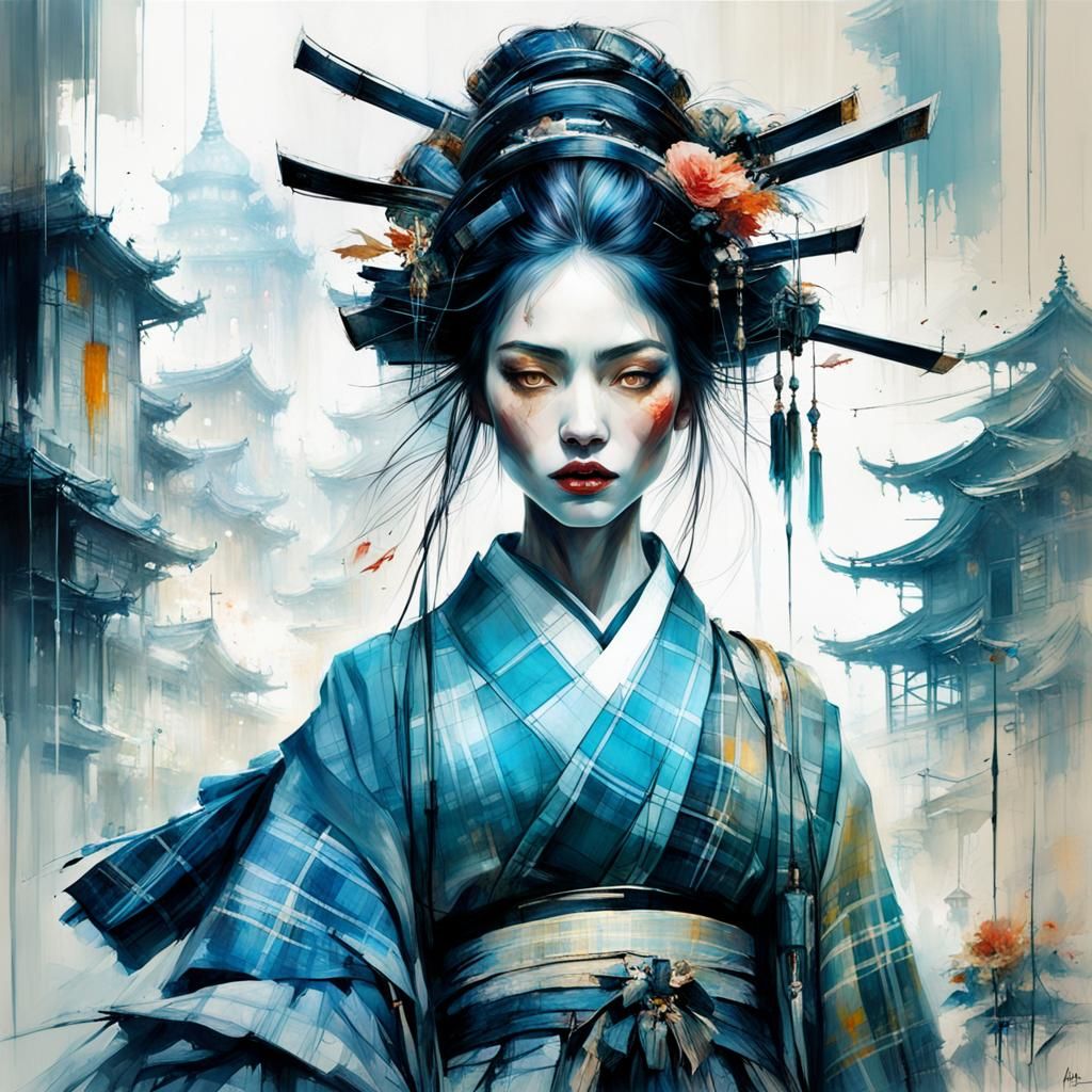 Tartan Geisha Digital Painting in Airbrush Style