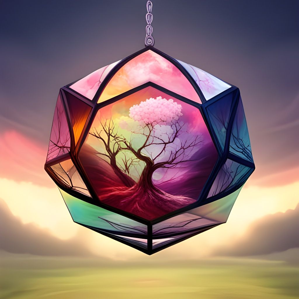 Cherry Blossom Tree in Glass Dodecahedron, Surreal Art