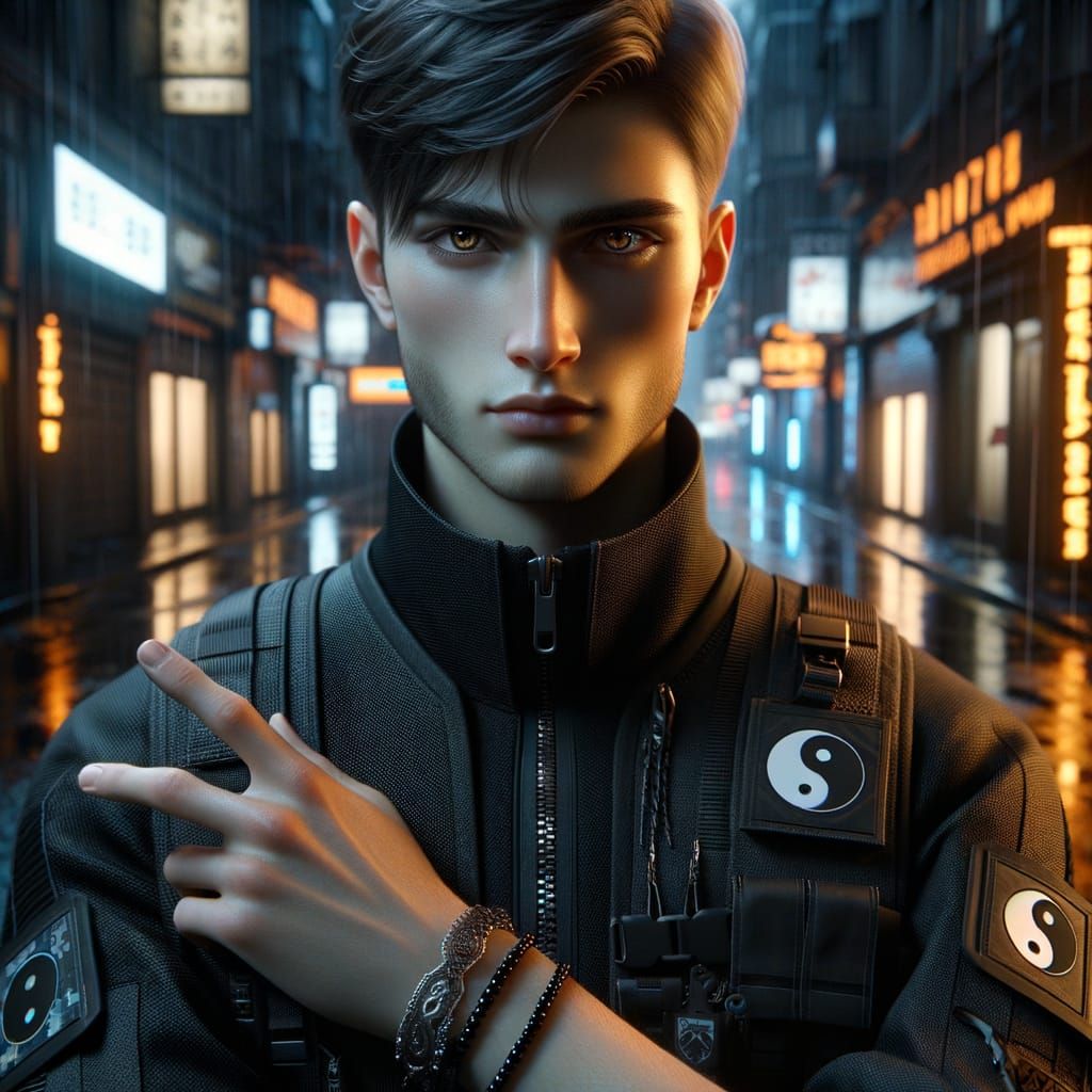 Russian INTJ Male in Tactical Gear in Neon City Alley