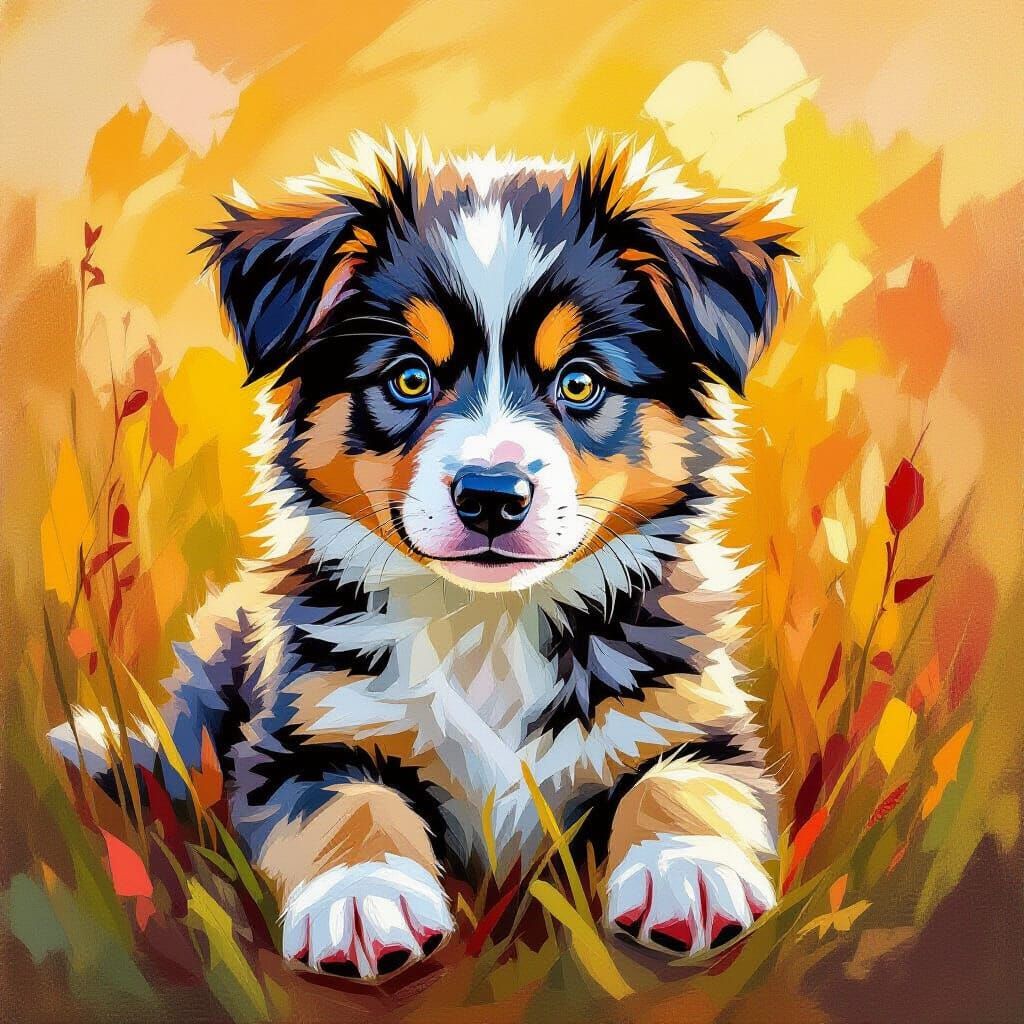 Adorable Wolf-Aussie Puppy in Vibrant Impasto Oil Painting