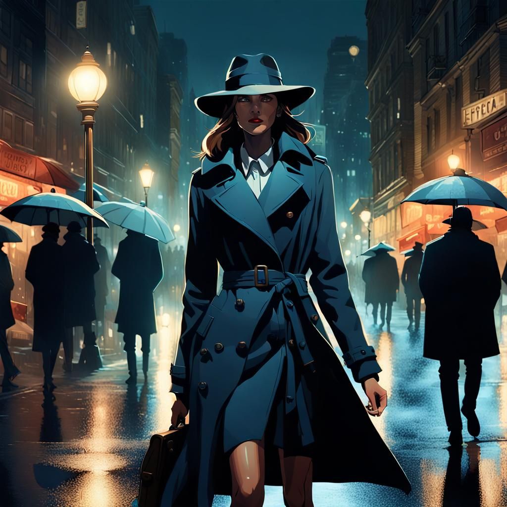 Woman in Fedora Under Streetlight: Digital Art Portrait