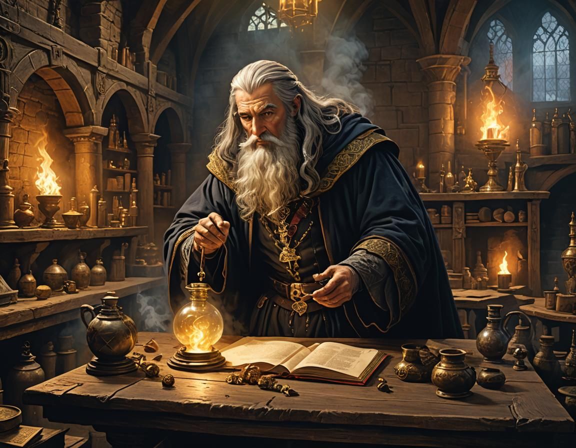 Medieval Alchemist Studying Philosopher's Stone