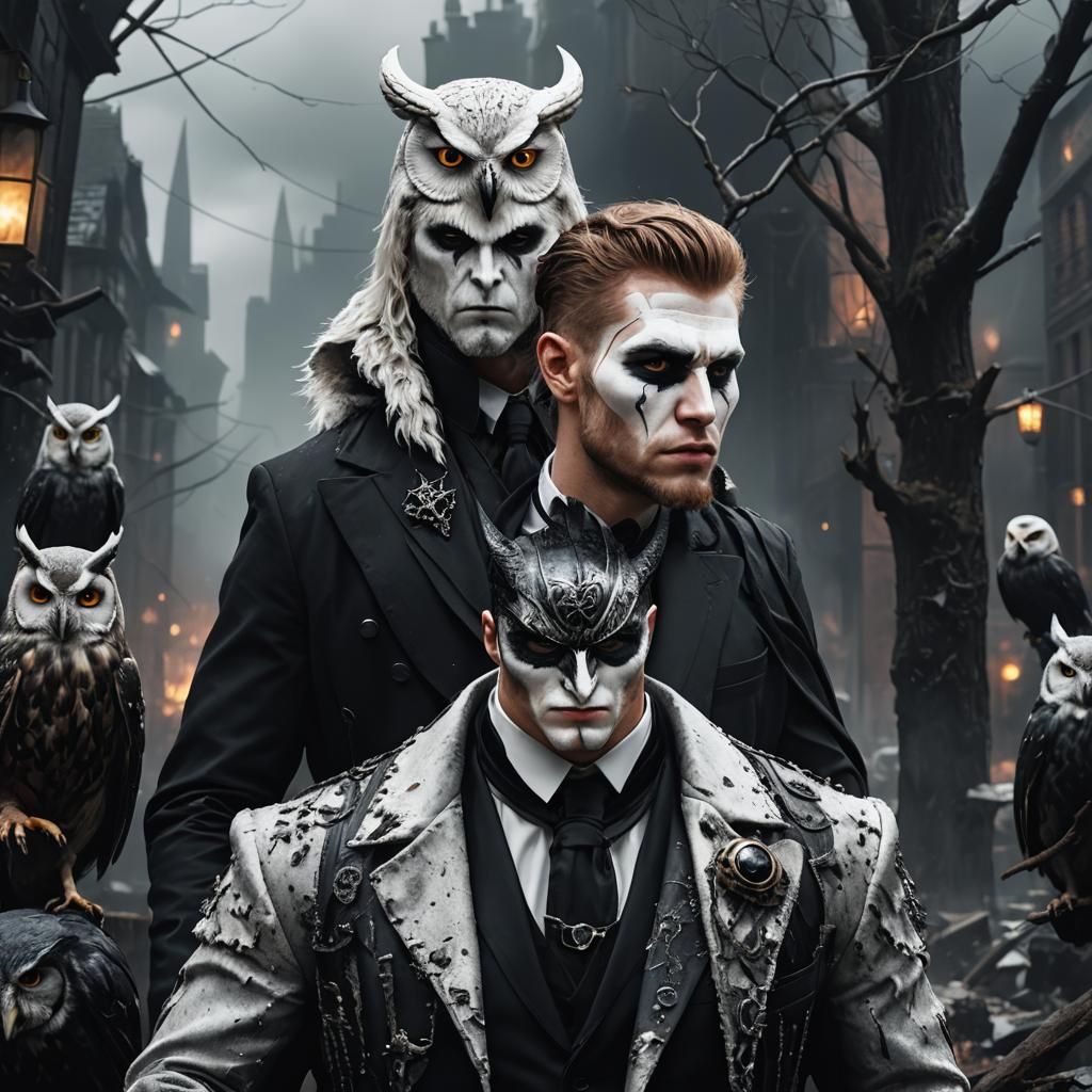 Ominous Viking Man in Owl Makeup, Detailed Digital Art