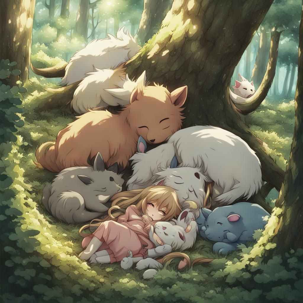 Forest Animals Sleeping: Anime Key Visual Art