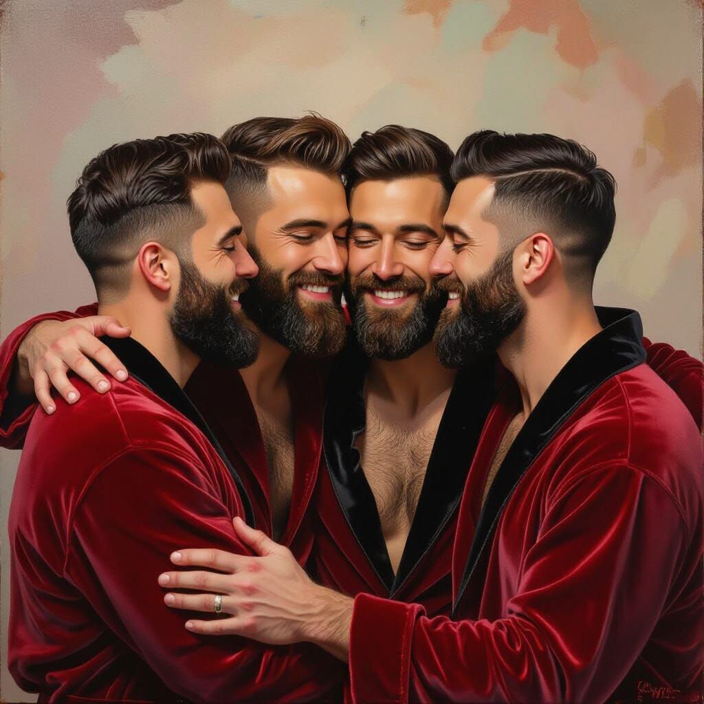 Four Men in Red Robes Hugging, Neo-Impressionist Style