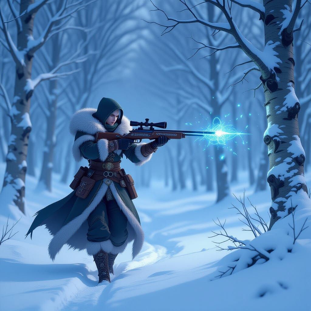 Hunter in Snow Forest with Arcanic Rifle