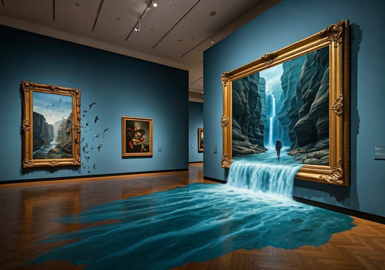 Surreal Museum Gallery with Golden Frames and Photorealistic...