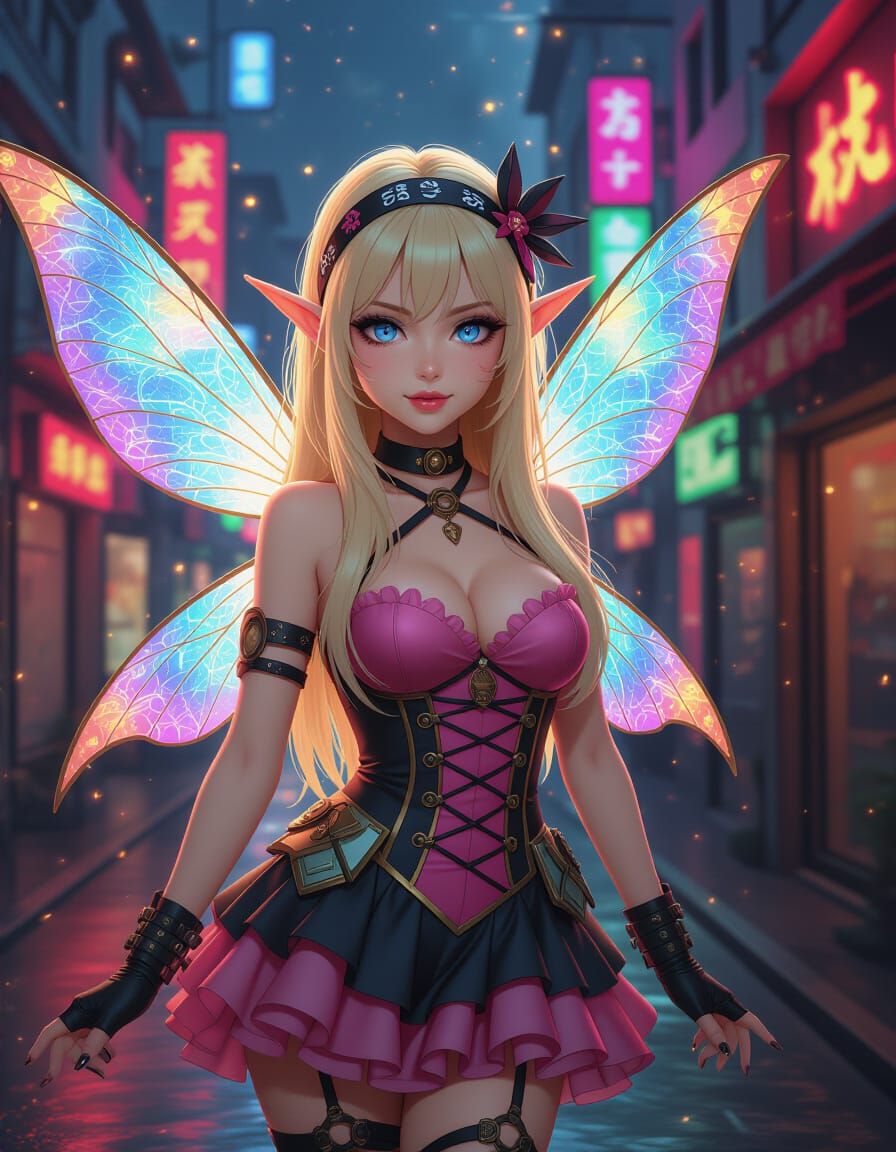 Dieselpunk Fairy Portrait with Bioluminescent Wings